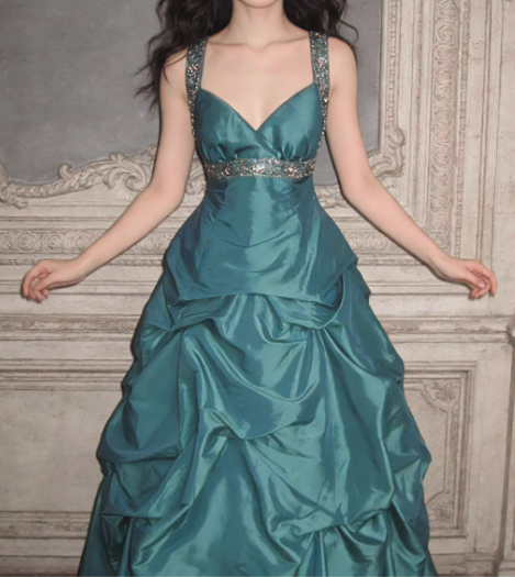 Elegant Emerald Green Straps Beaded Prom Dress Ruched Taffeta Sweet 15 Quinceanera Ball Gown DP7841