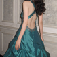 Elegant Emerald Green Straps Beaded Prom Dress Ruched Taffeta Sweet 15 Quinceanera Ball Gown DP7841
