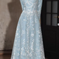Vintage Light Blue Embroidered A-Line Tea-Length Gown Long-Sleeve Square-Neck Formal Dress for Bridal Shower/Garden Party DP7842