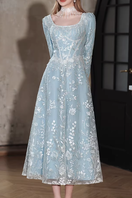Vintage Light Blue Embroidered A-Line Tea-Length Gown Long-Sleeve Square-Neck Formal Dress for Bridal Shower/Garden Party DP7842