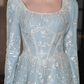 Vintage Light Blue Embroidered A-Line Tea-Length Gown Long-Sleeve Square-Neck Formal Dress for Bridal Shower/Garden Party DP7842