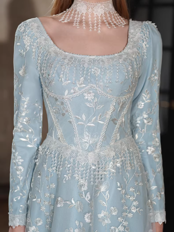 Vintage Light Blue Embroidered A-Line Tea-Length Gown Long-Sleeve Square-Neck Formal Dress for Bridal Shower/Garden Party DP7842