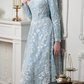 Vintage Light Blue Embroidered A-Line Tea-Length Gown Long-Sleeve Square-Neck Formal Dress for Bridal Shower/Garden Party DP7842