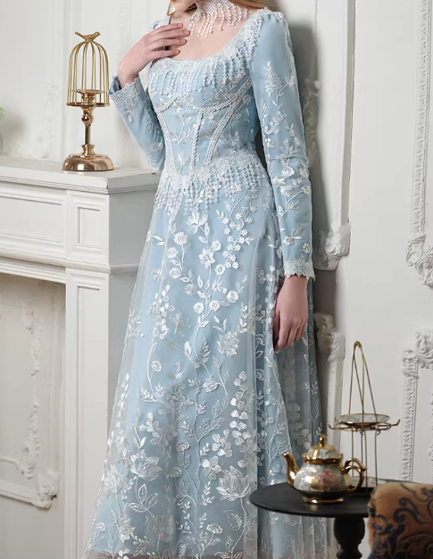 Vintage Light Blue Embroidered A-Line Tea-Length Gown Long-Sleeve Square-Neck Formal Dress for Bridal Shower/Garden Party DP7842