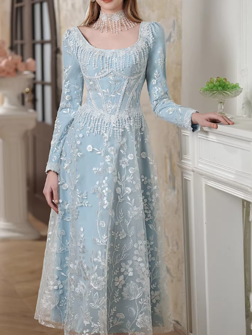 Vintage Light Blue Embroidered A-Line Tea-Length Gown Long-Sleeve Square-Neck Formal Dress for Bridal Shower/Garden Party DP7842