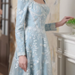 Vintage Light Blue Embroidered A-Line Tea-Length Gown Long-Sleeve Square-Neck Formal Dress for Bridal Shower/Garden Party DP7842