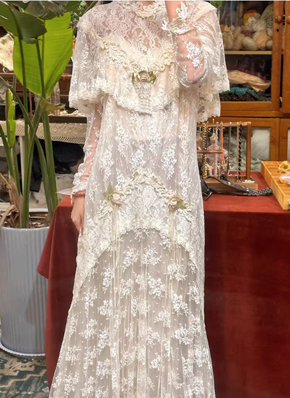 Glamorous Edwardian Ivory Lace Wedding Gown High Neck Ruffled Bohemian Bridal Dress with Floral Appliqués DP7843