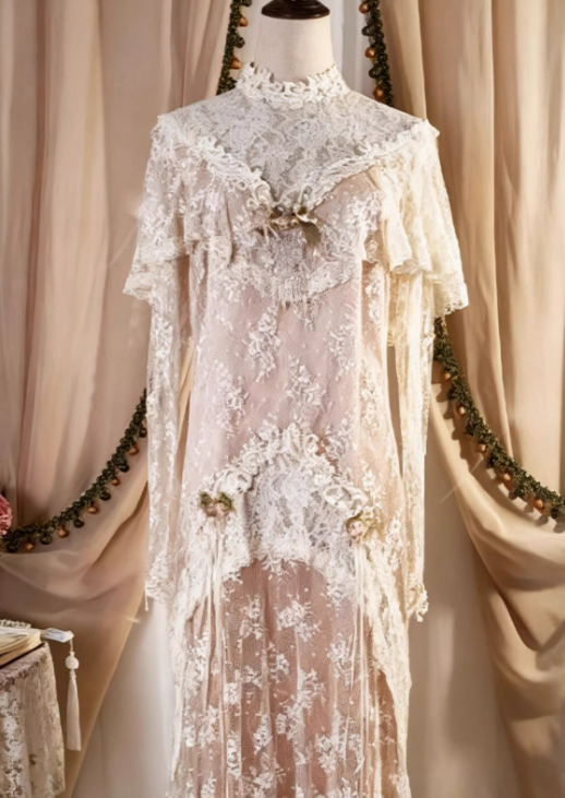 Glamorous Edwardian Ivory Lace Wedding Gown High Neck Ruffled Bohemian Bridal Dress with Floral Appliqués DP7843