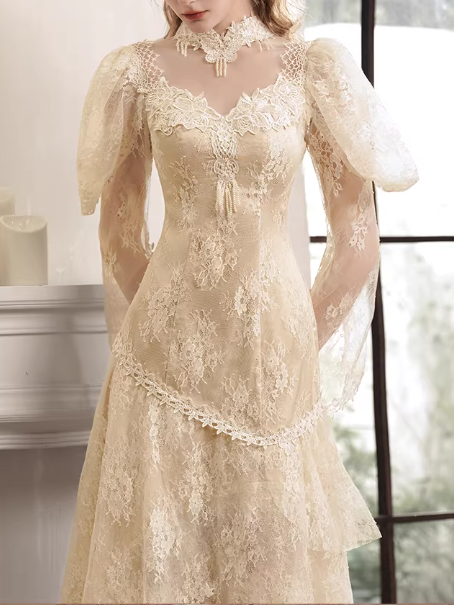 Vintage Champagne Lace Tea-Length Wedding Dress High-Neck Illusion Neckline Puff Sleeves Bridal Gown DP7845