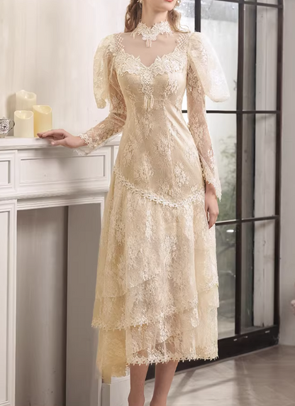 champagne knee length wedding dresses Vintage Champagne Short Lace Wedding Dress with Sleeves MAPLE Size 26W / Champagne