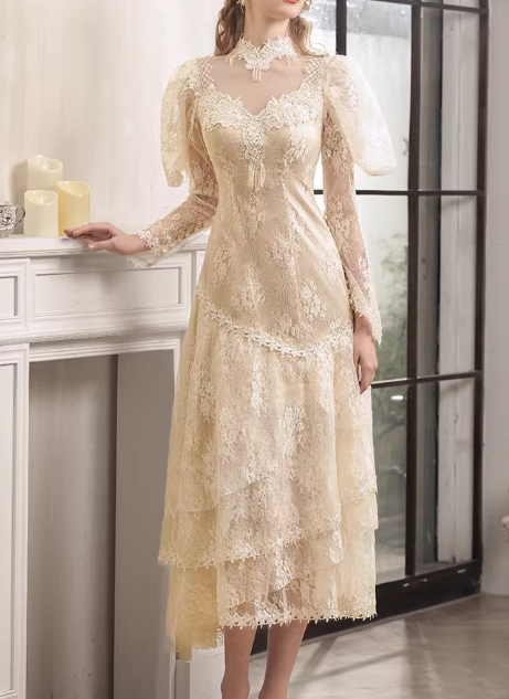 Vintage Champagne Lace Tea-Length Wedding Dress High-Neck Illusion Neckline Puff Sleeves Bridal Gown DP7845