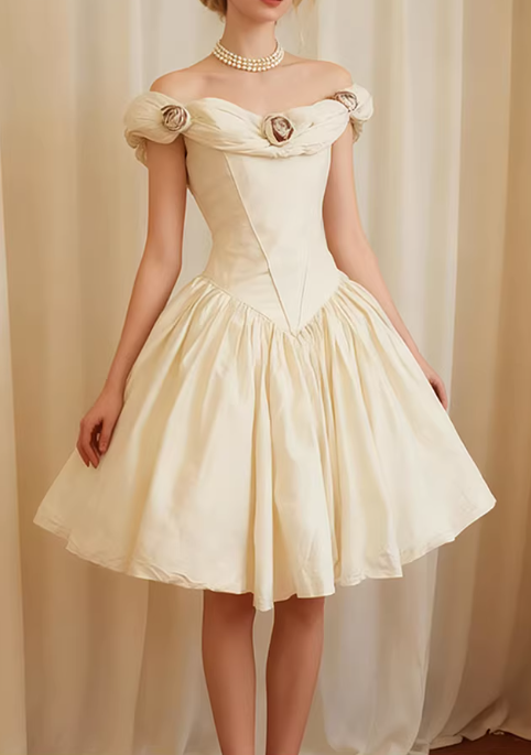 Chic Ivory Off-the-Shoulder A-Line Homecoming Dress 3D Floral Appliques DP7846