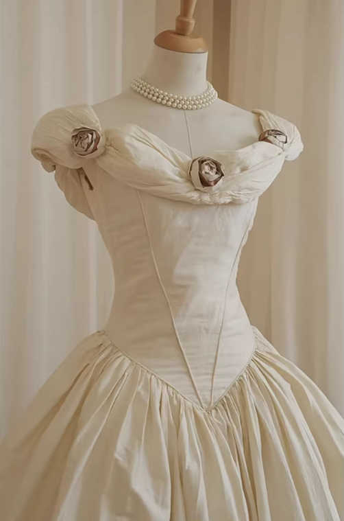 Robe de bal chic ivoire à épaules dénudées et coupe trapèze, ornée d'appliqués floraux 3D DP7846