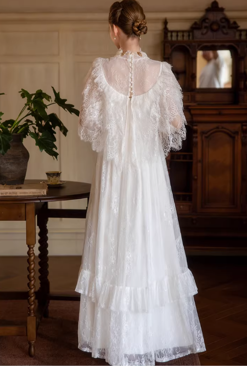 Vintage Edwardian Ivory Lace A-Line Wedding Dress High Neck Ruffled DSProm Vintage Edwardian Ivory Lace A-Line Wedding Dress High Neck Ruffled DSProm