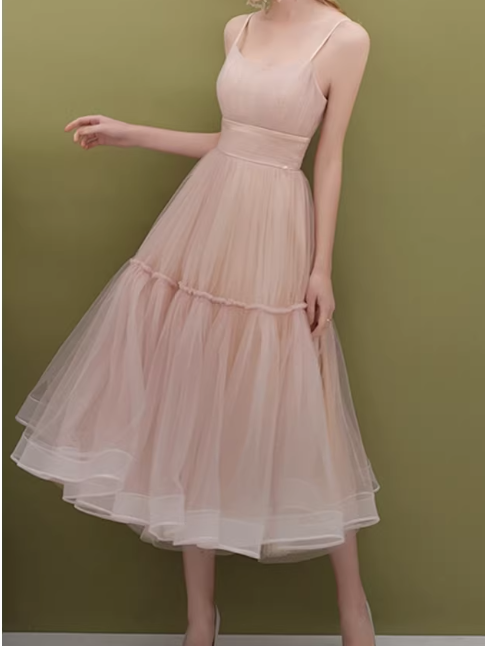 Beautiful Spaghetti Strap A-Line Midi Dress Tiered Tulle Formal Gown for Bridal Shower & Garden Party DP7850