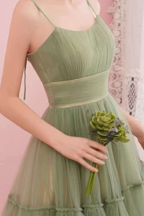 Beautiful Spaghetti Strap A-Line Midi Dress Tiered Tulle Formal Gown for Bridal Shower & Garden Party DP7850