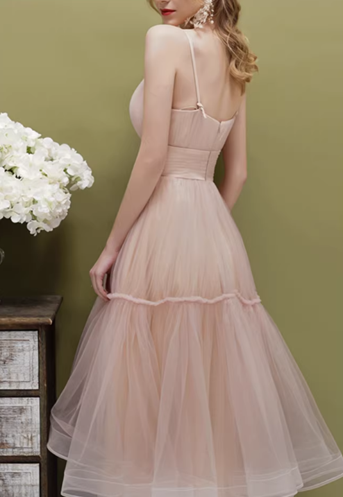 Beautiful Spaghetti Strap A-Line Midi Dress Tiered Tulle Formal Gown for Bridal Shower & Garden Party DP7850