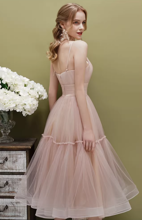 Beautiful Spaghetti Strap A-Line Midi Dress Tiered Tulle Formal Gown for Bridal Shower & Garden Party DP7850