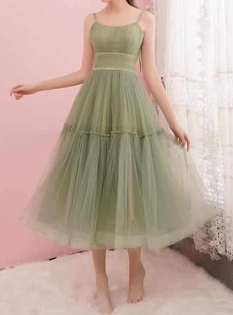 Beautiful Spaghetti Strap A-Line Midi Dress Tiered Tulle Formal Gown for Bridal Shower & Garden Party DP7850