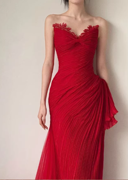 Beautiful Crimson Red Strapless Sweetheart Mermaid Gown Pleated Chiffon Formal Dress DP7852