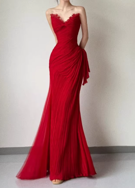Beautiful Crimson Red Strapless Sweetheart Mermaid Gown Pleated Chiffon Formal Dress DP7852