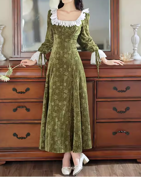 Beautiful Sage Green Regency Velvet A-Line Gown – Square Neck with Ruffled Trim & Bell Sleeves DP7853