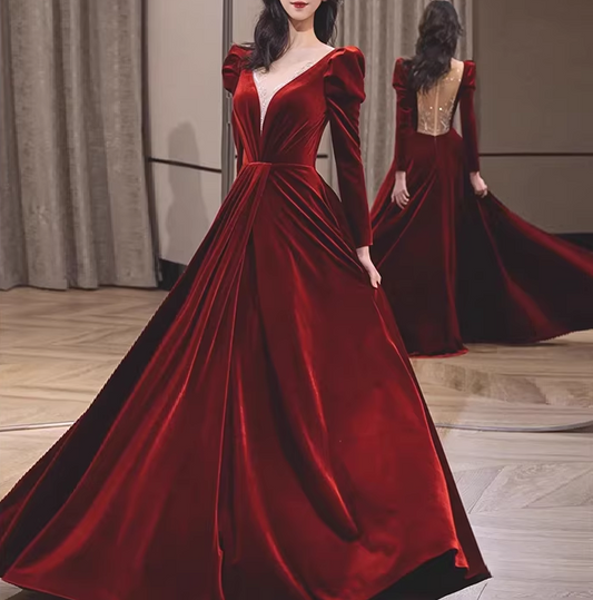 Elegantes, luxuriöses burgunderrotes Samtkleid mit langen Puffärmeln und V-Ausschnitt für Sweet 15 Quinceañera DP7856