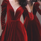 Elegant Luxury Burgundy Velvet Long Puff Sleeve V-Neck Sweet 15 Quinceanera Ball Gown DP7856