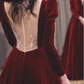 Elegant Luxury Burgundy Velvet Long Puff Sleeve V-Neck Sweet 15 Quinceanera Ball Gown DP7856
