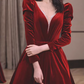 Elegant Luxury Burgundy Velvet Long Puff Sleeve V-Neck Sweet 15 Quinceanera Ball Gown DP7856