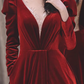 Elegant Luxury Burgundy Velvet Long Puff Sleeve V-Neck Sweet 15 Quinceanera Ball Gown DP7856