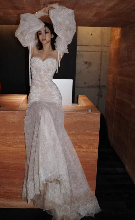 vintage puff sleeve wedding dress Vintage Off-the-Shoulder Puff Sleeve Lace Mermaid Wedding Dress Sheer – DSProm