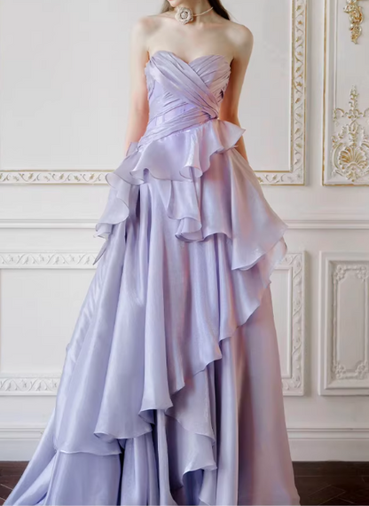 Romantic Lilac Prom Dress Sweetheart Ruffle Strapless Sweet 15 Quinceanera Ball Gown DP7859