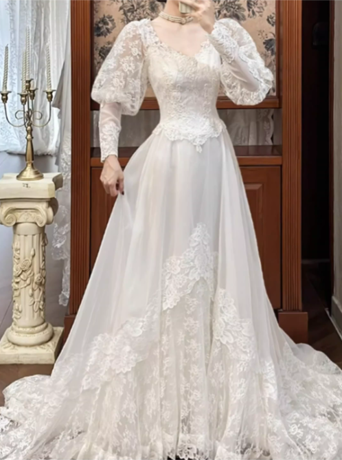Vintage-Inspired Long Sleeve Lace A-Line Wedding Gown with Cathedral Train DP7860
