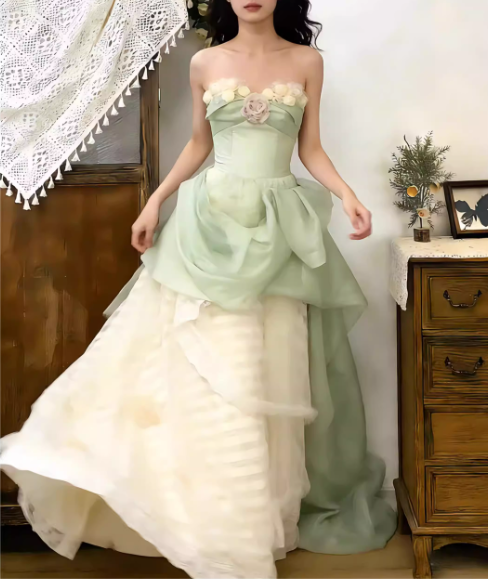 Fairy-Tale Mint Green & Ivory Tiered Evening Dress Floral Bodice Sweet 15 Quinceanera Ball Gown DP7861
