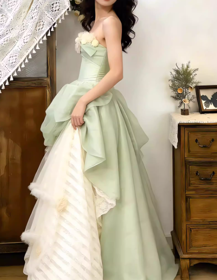 Fairy-Tale Mint Green & Ivory Tiered Evening Dress Floral Bodice Sweet 15 Quinceanera Ball Gown DP7861