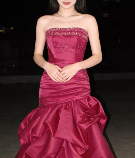 Beautiful Burgundy Strapless Mermaid Prom Dress Beaded Bodice Ruffled Evening Gown DP7863