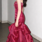 Beautiful Burgundy Strapless Mermaid Prom Dress Beaded Bodice Ruffled Evening Gown DP7863
