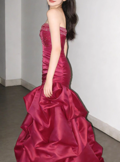 Beautiful Burgundy Strapless Mermaid Prom Dress Beaded Bodice Ruffled Evening Gown DP7863