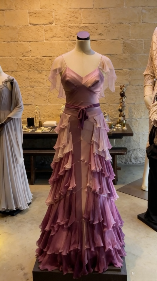 Chic Lilac Ombre Ruffled Tiered A-Line Evening Gown with Sheer Sleeves DP7865