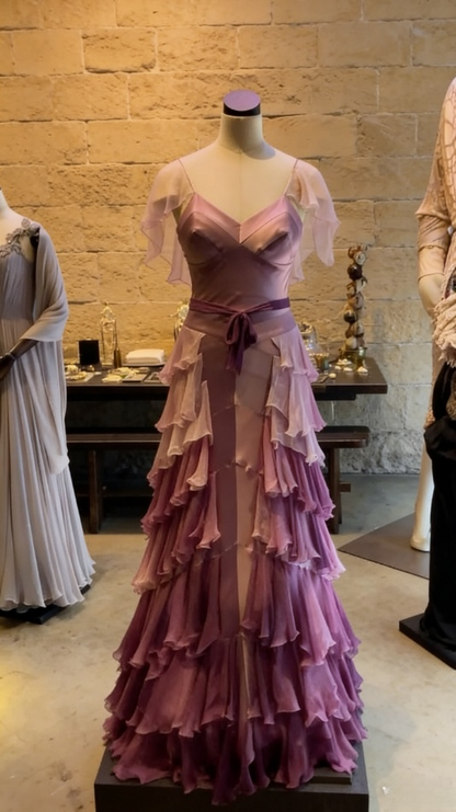 Chic Lilac Ombre Ruffled Tiered A-Line Evening Gown with Sheer Sleeves DP7865