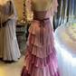 Chic Lilac Ombre Ruffled Tiered A-Line Evening Gown with Sheer Sleeves DP7865