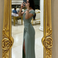 Chic Sage Green Ruched Maxi Dress High Slit Formal Wedding Guest Dress DP7869