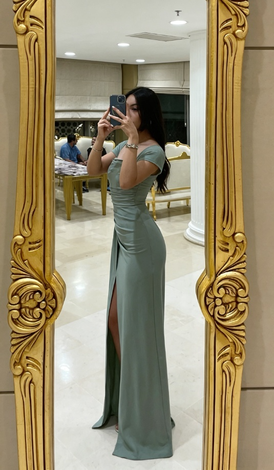 Chic Sage Green Ruched Maxi Dress High Slit Formal Wedding Guest Dress DP7869