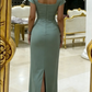 Chic Sage Green Ruched Maxi Dress High Slit Formal Wedding Guest Dress DP7869