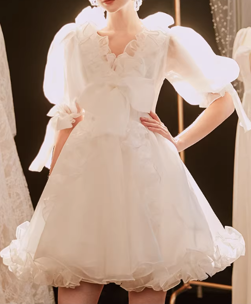 Glam White Organza Mini Ruffles Homecoming Dress A-Line Puff Sleeve Party Gown DP7875