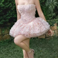 Vintage Pink Floral Applique Strapless Ruffled Tulle Homecoming Dress A-Line Mini Party Gown DP7876