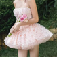 Vintage Pink Floral Applique Strapless Ruffled Tulle Homecoming Dress A-Line Mini Party Gown DP7876
