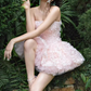 Vintage Pink Floral Applique Strapless Ruffled Tulle Homecoming Dress A-Line Mini Party Gown DP7876