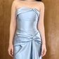 Robe de soirée élégante en satin bleu clair drapé, bustier fourreau, robe de bal DP7877